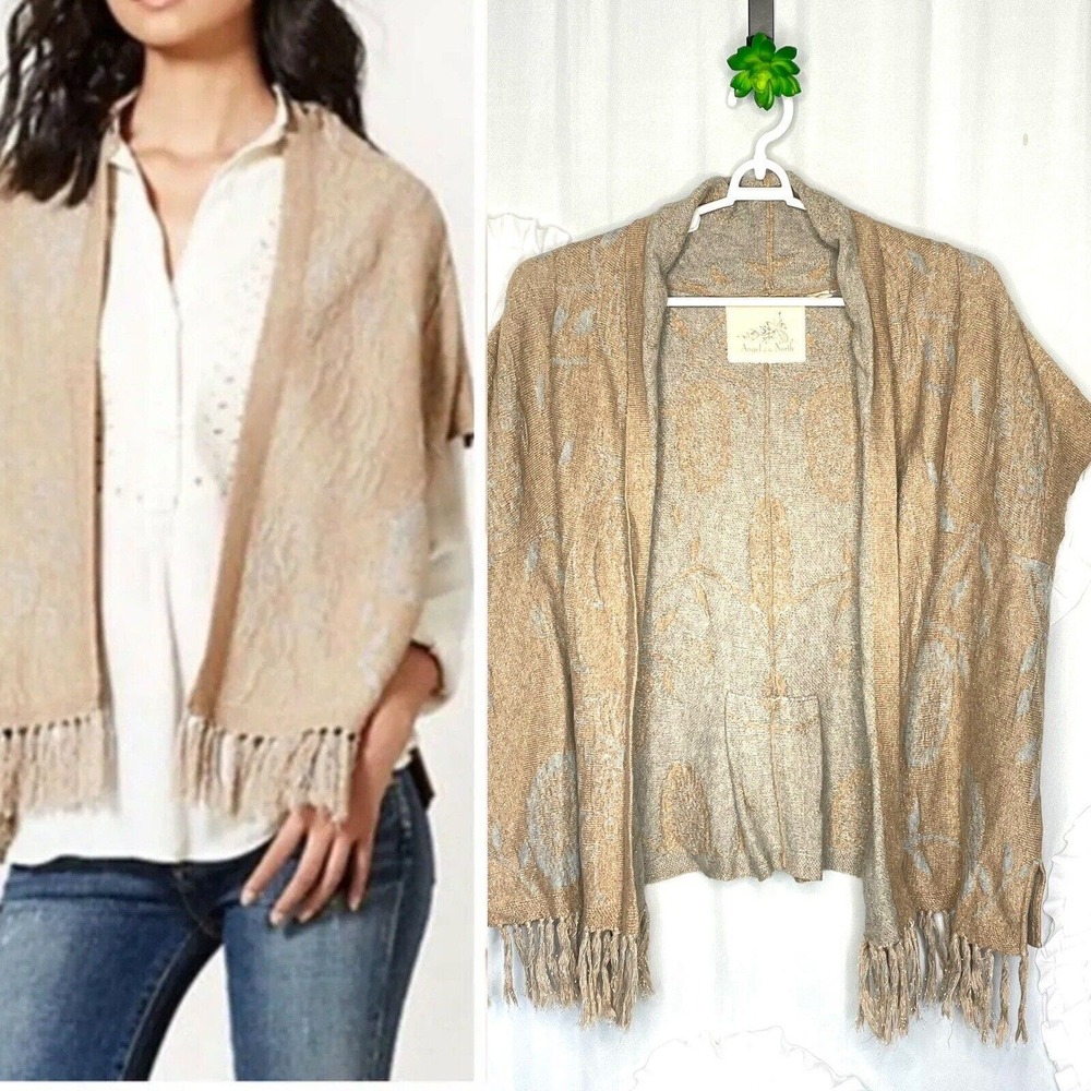ANGEL OF THE NORTH Anthropologie Icebloom Fringe Open Cardigan Tan Gray Size L